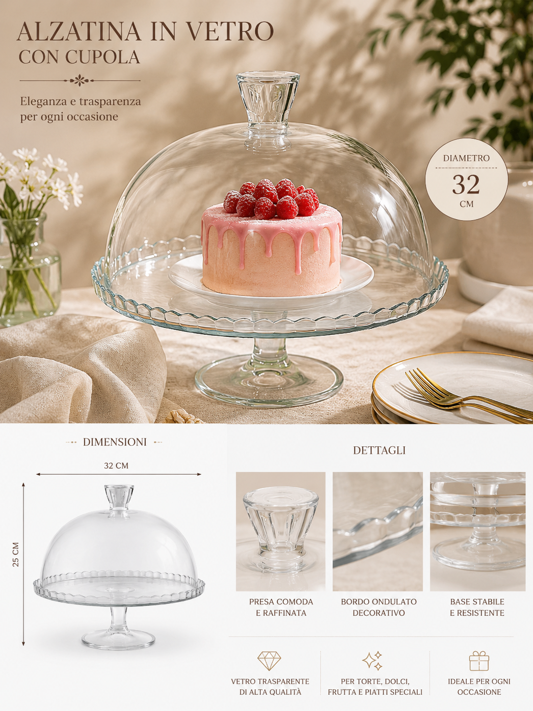 Alzatina con Cupola in Vetro Ø 32 cm- Patisserie Glass Dome