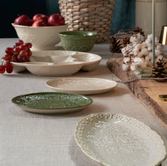 Set 2 Piatti dessert colore panna e verde 200mm ceramica con decori in rilievo - Galbiati Milano